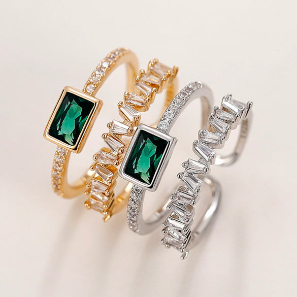 Women's Double Layer Opening Adjustable Geometric Copper Zircon Ring In Peacock Green