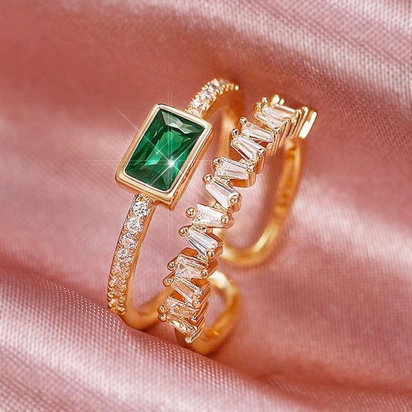 Women's Double Layer Opening Adjustable Geometric Copper Zircon Ring In Peacock Green
