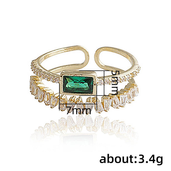 Women's Double Layer Opening Adjustable Geometric Copper Zircon Ring In Peacock Green