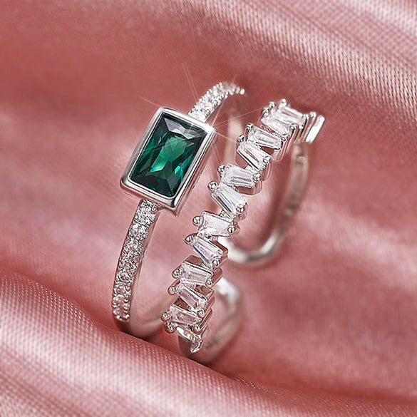 Women's Double Layer Opening Adjustable Geometric Copper Zircon Ring In Peacock Green