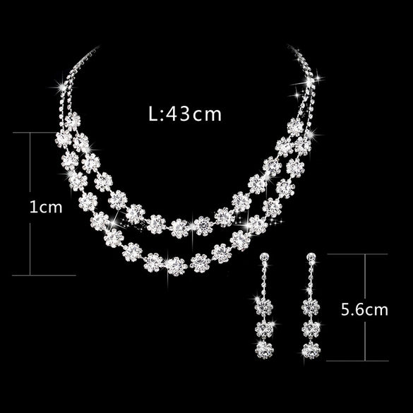 Women's Double Layer Rhinestone Necklace And Earrings Bridal Jewelry Set With Sunflower And Water Drop Design