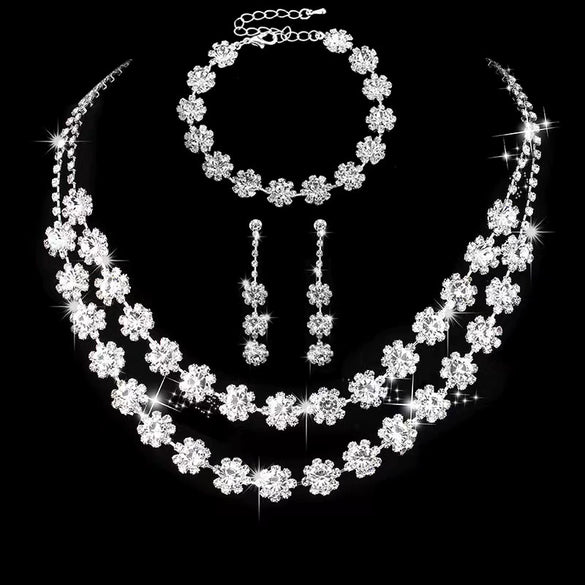 Women's Double Layer Rhinestone Necklace And Earrings Bridal Jewelry Set With Sunflower And Water Drop Design