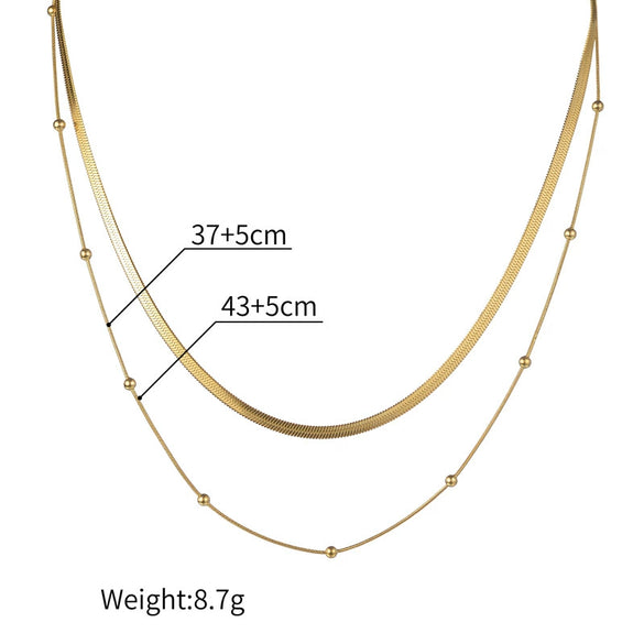 Women's Double Layer Stacked Beads Necklace Titanium Steel 18K Gold Plated Flat Snake Bone Chain Geometric Style