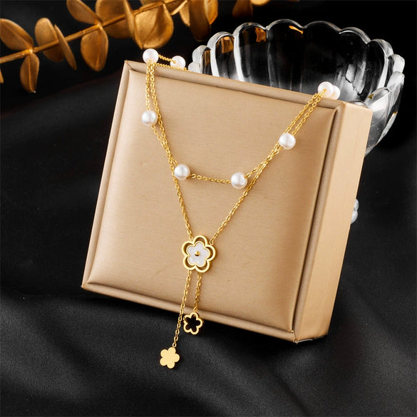 Women's Double Layer Stacked Pearl Flower Chain Tassel Pendant Stainless Steel Electroplated Necklace