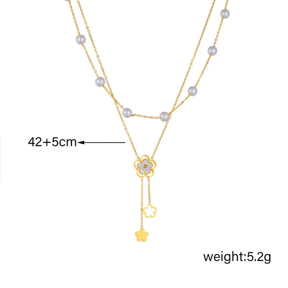 Women's Double Layer Stacked Pearl Flower Chain Tassel Pendant Stainless Steel Electroplated Necklace
