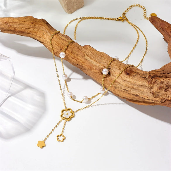 Women's Double Layer Stacked Pearl Flower Chain Tassel Pendant Stainless Steel Electroplated Necklace