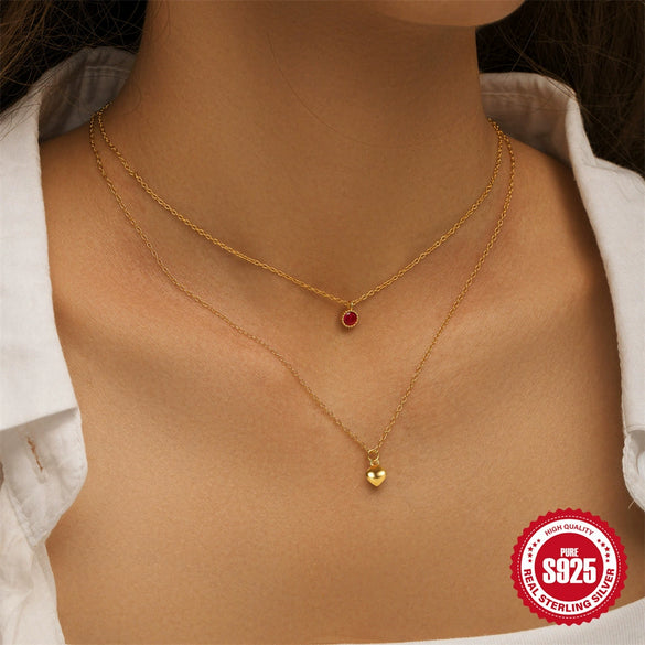 Women's Double Layer Stacked S925 Sterling Silver O Chain Necklace With Geometric Pattern And Electroplating Treatment Love Diamond Design Fashion Ins Style Light Luxury