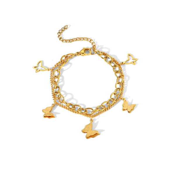 Women's Double Layer Stainless Steel Bracelet With Colorfree Butterfly Pendant And Animals Zodiac Pattern Electroplated