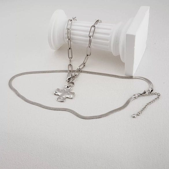 Women's Double Layer Stainless Steel Cross Necklace With Hammered Pattern Pendant And Snake Bone Chain Electroplated Fashion Jewelry