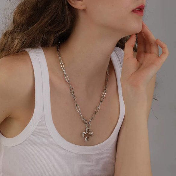 Women's Double Layer Stainless Steel Cross Necklace With Hammered Pattern Pendant And Snake Bone Chain Electroplated Fashion Jewelry