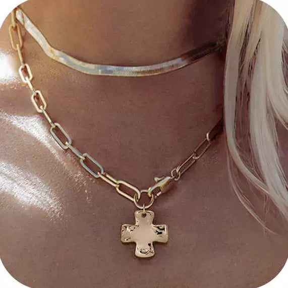 Women's Double Layer Stainless Steel Cross Necklace With Hammered Pattern Pendant And Snake Bone Chain Electroplated Fashion Jewelry