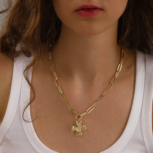 Women's Double Layer Stainless Steel Cross Necklace With Hammered Pattern Pendant And Snake Bone Chain Electroplated Fashion Jewelry