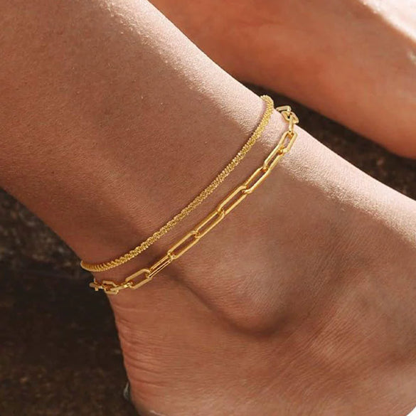 Women’s Double Layer Stainless Steel Glitter Gypsophila Paper Clip Anklet With Geometric Fashion Simple Style Jewelry