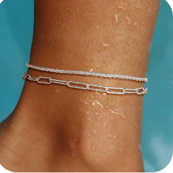 Women’s Double Layer Stainless Steel Glitter Gypsophila Paper Clip Anklet With Geometric Fashion Simple Style Jewelry