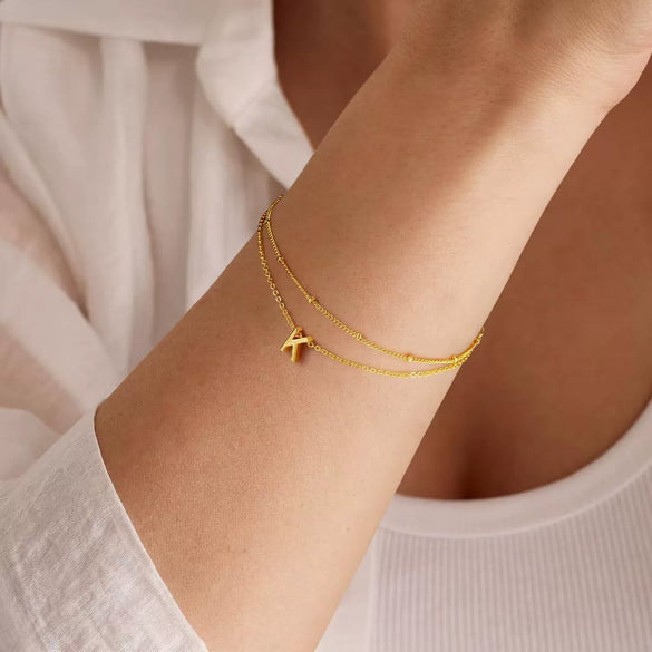 Women's Double Layer Stainless Steel Letter Bracelet With Millet Beads And Gold Electroplated Finish Fashion Hand Jewelry