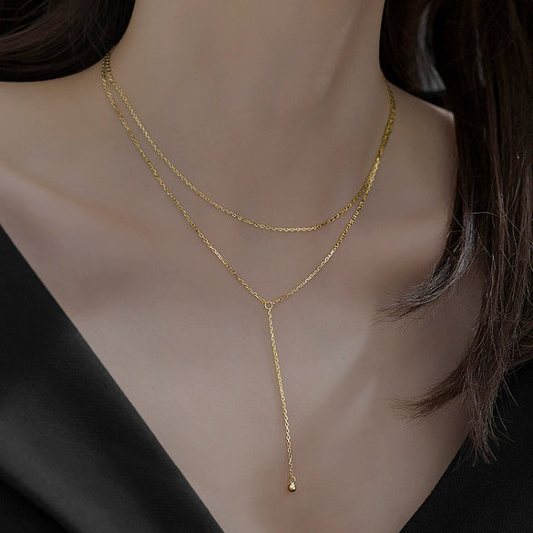 Women's Double Layer Tassel Sterling Silver Necklace With Geometric Pendant And Electroplated Cross Chain