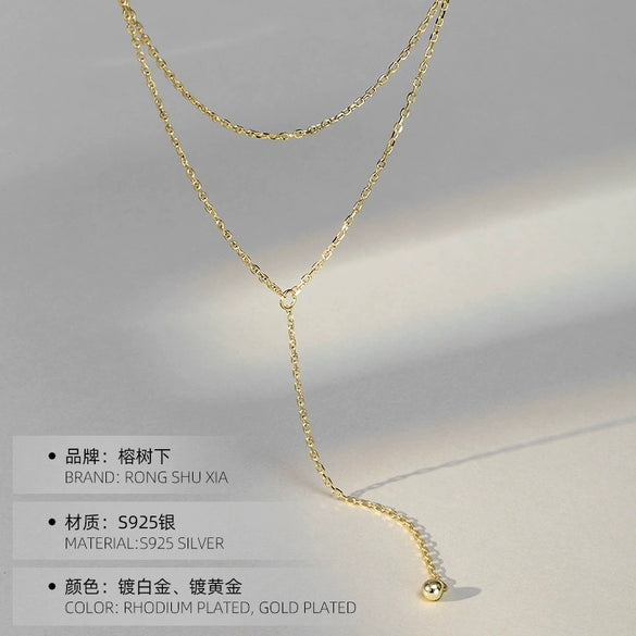 Women's Double Layer Tassel Sterling Silver Necklace With Geometric Pendant And Electroplated Cross Chain