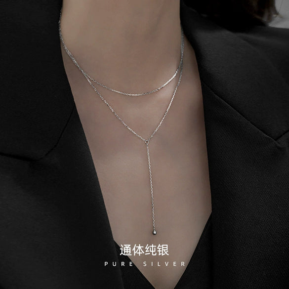 Women's Double Layer Tassel Sterling Silver Necklace With Geometric Pendant And Electroplated Cross Chain