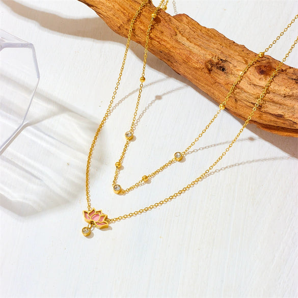Women's Double Layer Titanium Steel Flower And Geometric Pattern Necklace