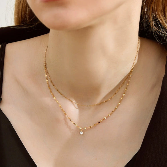 Women's Double Layer Titanium Steel Necklace With Geometric Zircon Pendant And Six Claw Setting In 18K Gold Plated Simple Luxury Style