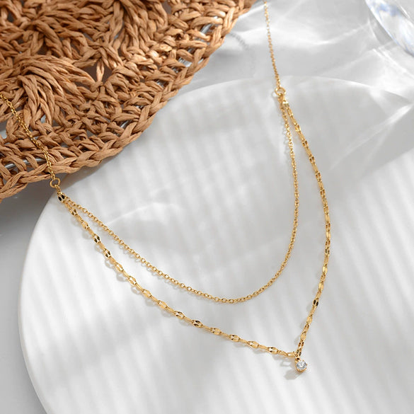 Women's Double Layer Titanium Steel Necklace With Geometric Zircon Pendant And Six Claw Setting In 18K Gold Plated Simple Luxury Style