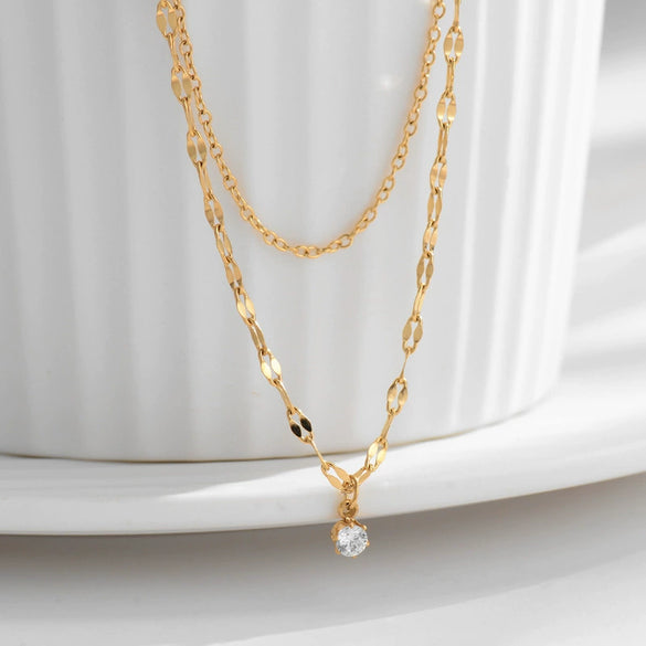 Women's Double Layer Titanium Steel Necklace With Geometric Zircon Pendant And Six Claw Setting In 18K Gold Plated Simple Luxury Style