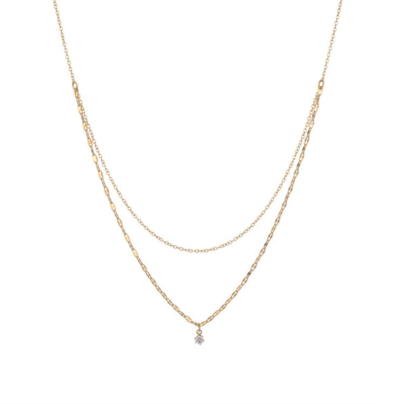 Women's Double Layer Titanium Steel Necklace With Geometric Zircon Pendant And Six Claw Setting In 18K Gold Plated Simple Luxury Style