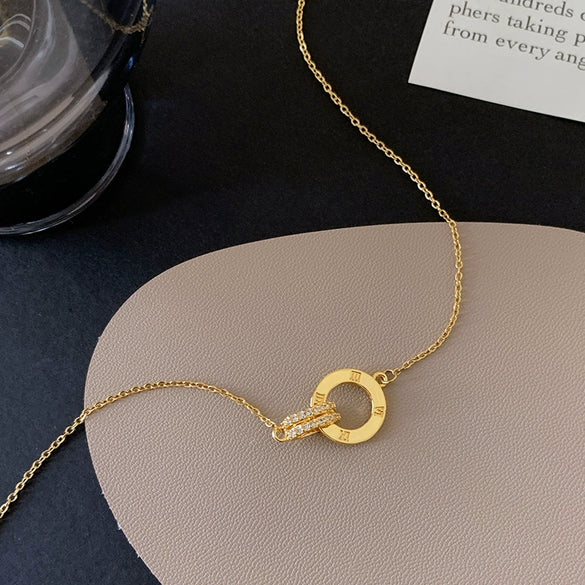 Women's Double Row Full Diamond Roman Double Ring O Chain Necklace In Titanium Steel With Geometric Pattern And 18K Gold Plated Electroplating
