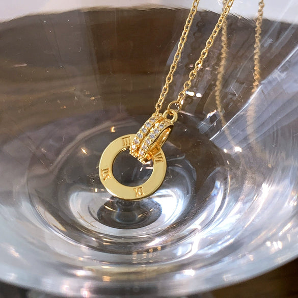 Women's Double Row Full Diamond Roman Double Ring O Chain Necklace In Titanium Steel With Geometric Pattern And 18K Gold Plated Electroplating