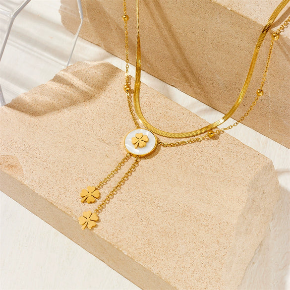 Women's Double Stacked Shell Flower Pendant Necklace Titanium Steel Geometric Box Chain