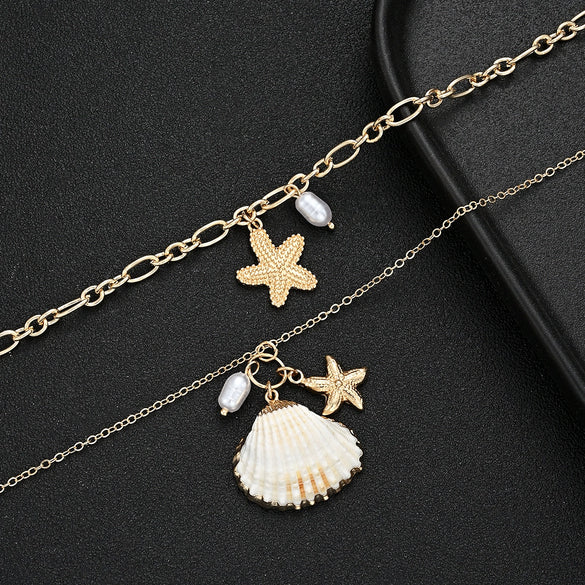 Women's Doublelayer Alloy Necklace With Shell Starfish And Pearl Accents Irregular Chain Geometric Ocean Vacation Style Jewelry