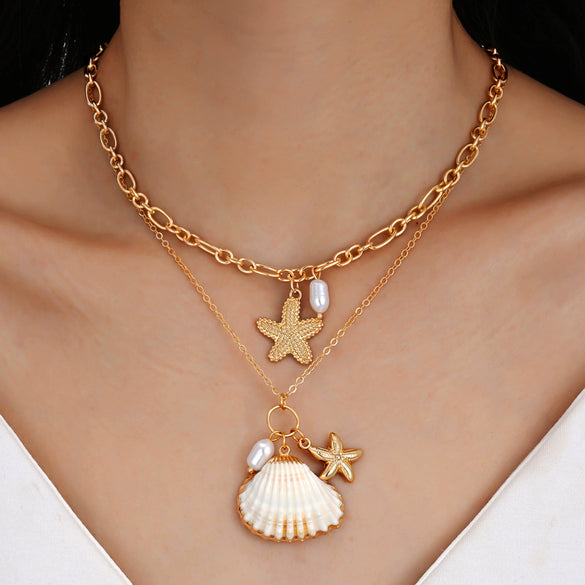 Women's Doublelayer Alloy Necklace With Shell Starfish And Pearl Accents Irregular Chain Geometric Ocean Vacation Style Jewelry