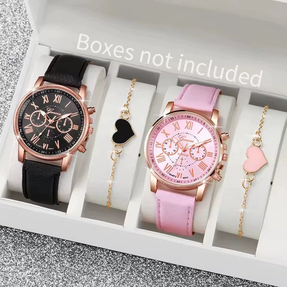 Women's Doublelayer Belt Watch Set With Plastic Case Imitation Leather Strap And Stainless Steel Buckle In Round Shape