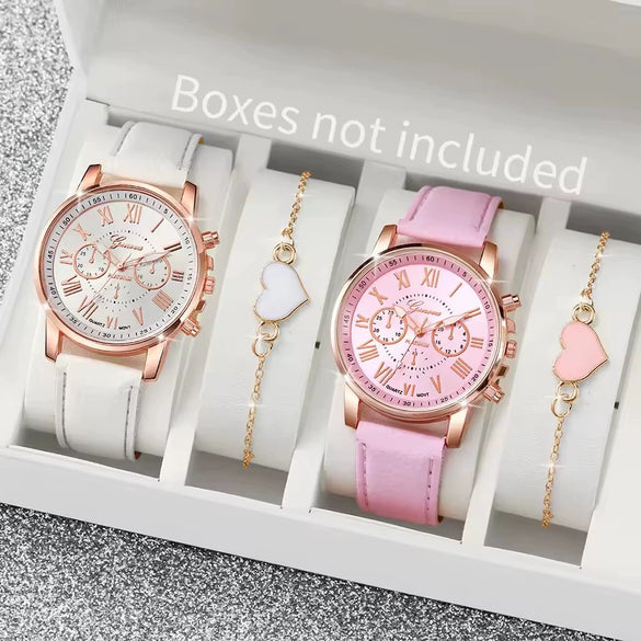 Women's Doublelayer Belt Watch Set With Plastic Case Imitation Leather Strap And Stainless Steel Buckle In Round Shape