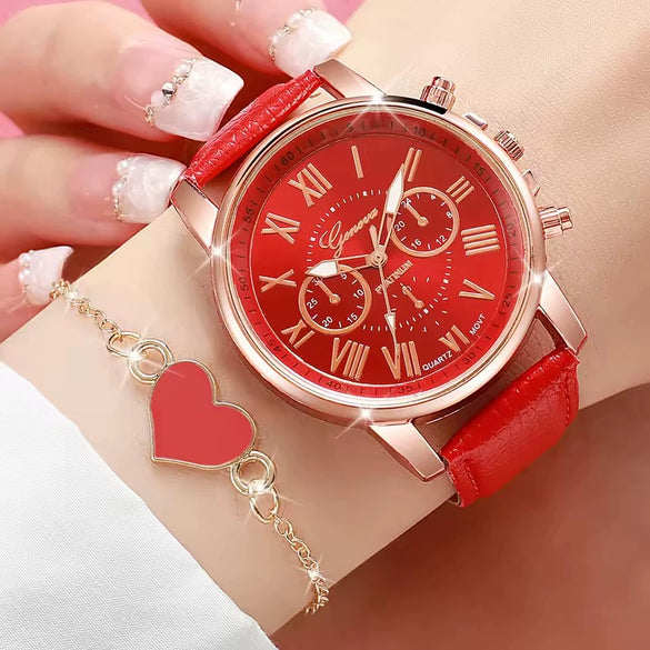 Women's Doublelayer Belt Watch Set With Plastic Case Imitation Leather Strap And Stainless Steel Buckle In Round Shape