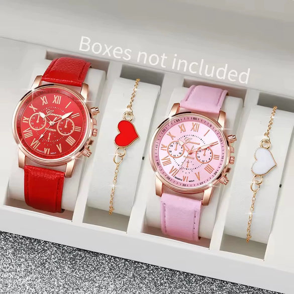 Women's Doublelayer Belt Watch Set With Plastic Case Imitation Leather Strap And Stainless Steel Buckle In Round Shape