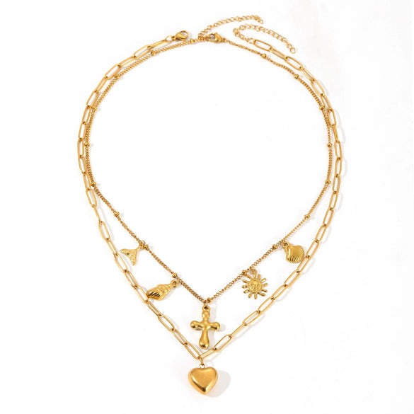 Women's Doublelayer Conch And Peach Heart Pendant Necklace Titanium Steel Geometric Box Chain
