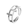 Women's Doublelayer Cross Ring With Cubic Zirconia Electroplated Copper Open Adjustable Band In Gold Or Silver Finish