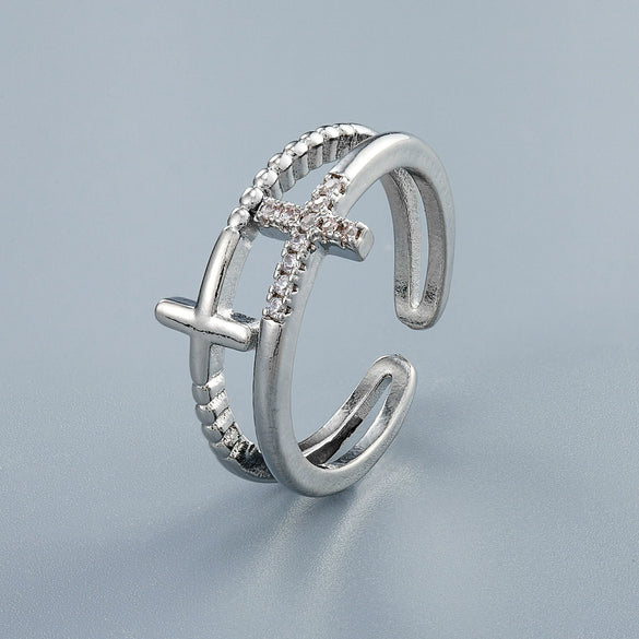 Women's Doublelayer Cross Ring With Cubic Zirconia Electroplated Copper Open Adjustable Band In Gold Or Silver Finish