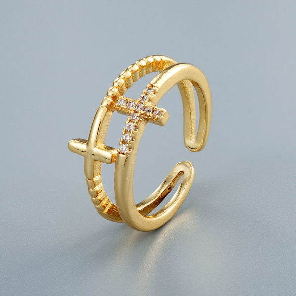 Women's Doublelayer Cross Ring With Cubic Zirconia Electroplated Copper Open Adjustable Band In Gold Or Silver Finish