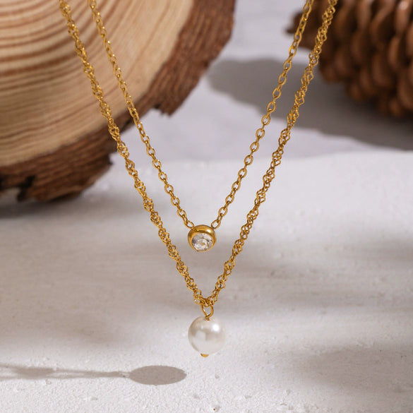 Women's Doublelayer Inlaid Zircon Pearl Necklace Stainless Steel 18K Real Gold Plated Geometric Jewelry