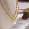 Women's Doublelayer Inlaid Zircon Pearl Necklace Stainless Steel 18K Real Gold Plated Geometric Jewelry