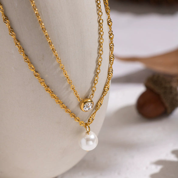 Women's Doublelayer Inlaid Zircon Pearl Necklace Stainless Steel 18K Real Gold Plated Geometric Jewelry