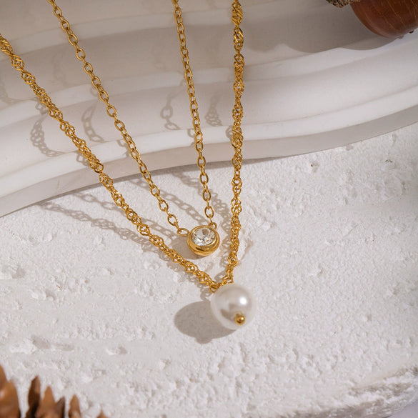 Women's Doublelayer Inlaid Zircon Pearl Necklace Stainless Steel 18K Real Gold Plated Geometric Jewelry