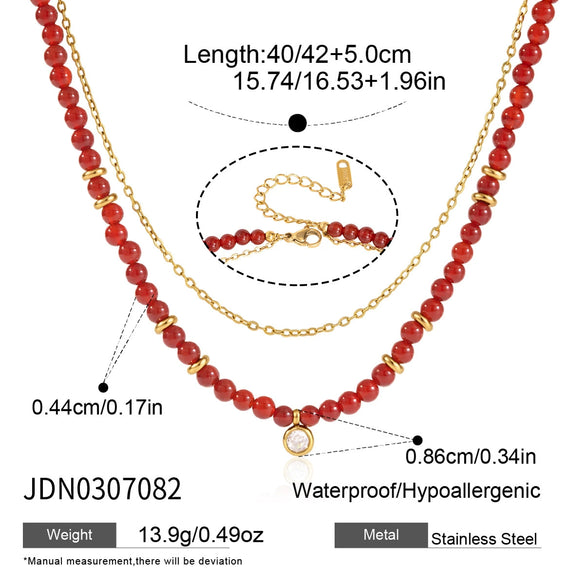 Women's Doublelayer Stainless Steel Cross Necklace With Round Zircon Pendant And Natural Red Agate Beads Pvd Vacuum Gold Plated