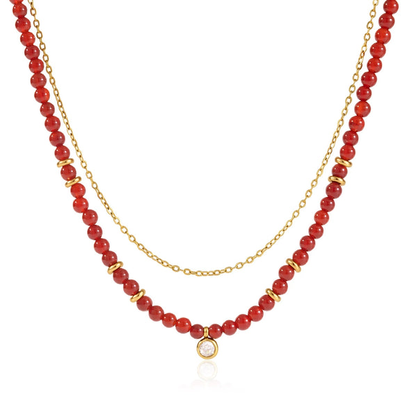 Women's Doublelayer Stainless Steel Cross Necklace With Round Zircon Pendant And Natural Red Agate Beads Pvd Vacuum Gold Plated