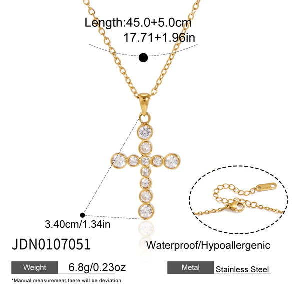 Women's Doublelayer Stainless Steel Cross Necklace With Round Zircon Pendant And Natural Red Agate Beads Pvd Vacuum Gold Plated