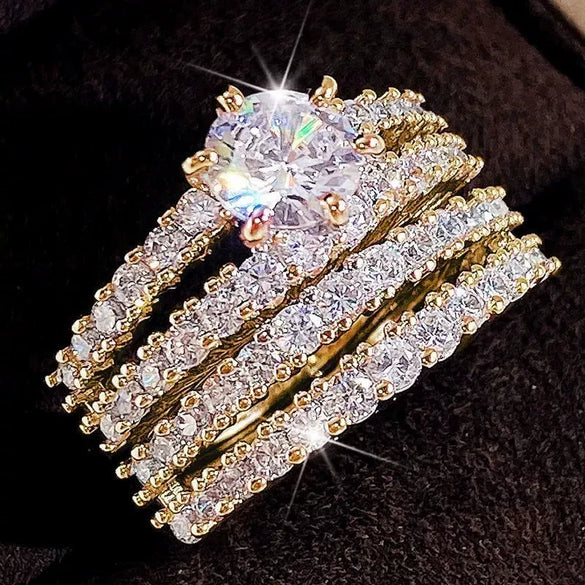 Women's Doublelayer Zircon Engagement Set Ring And Bracelet Light Luxury Style Copper Material Geometric Pattern Zirconia Treatment