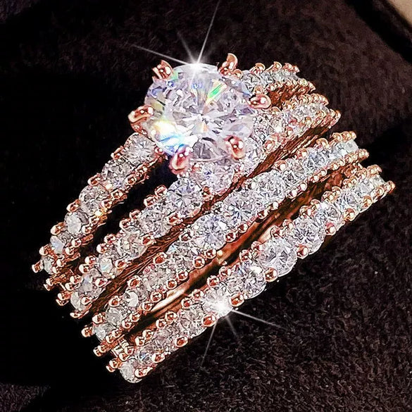 Women's Doublelayer Zircon Engagement Set Ring And Bracelet Light Luxury Style Copper Material Geometric Pattern Zirconia Treatment