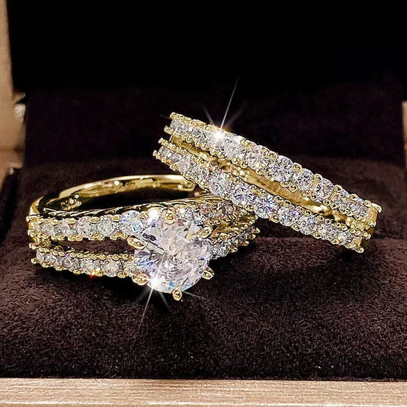 Women's Doublelayer Zircon Engagement Set Ring And Bracelet Light Luxury Style Copper Material Geometric Pattern Zirconia Treatment